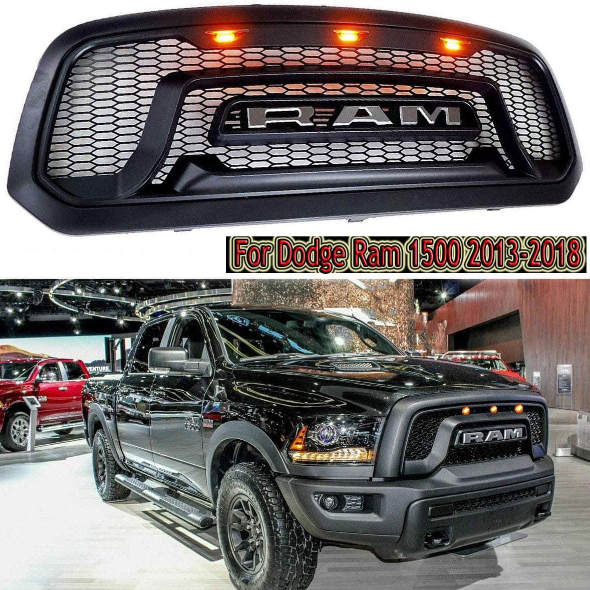 Mesh Bumper Grille, Car Replacement Front Grill, with Three LED Amber Lights, for Dodge Ram 1500 2013-2018,Modified Accessories(Black)