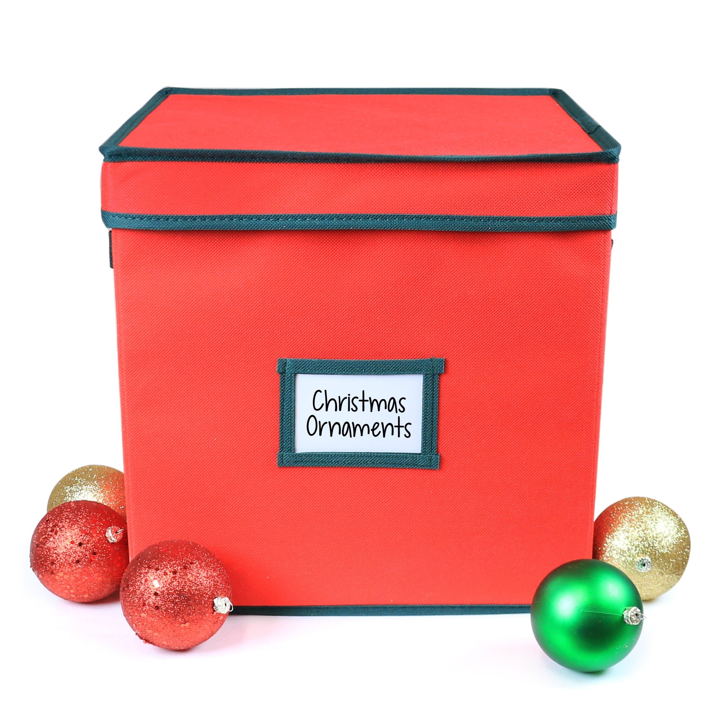 Hangorize Premium Heavy Duty Ornament Fabric Storage Box with Deviders, 4 Removable Trays, Fits 64 Ornaments Balls, Red (1 Pack, Christmas)