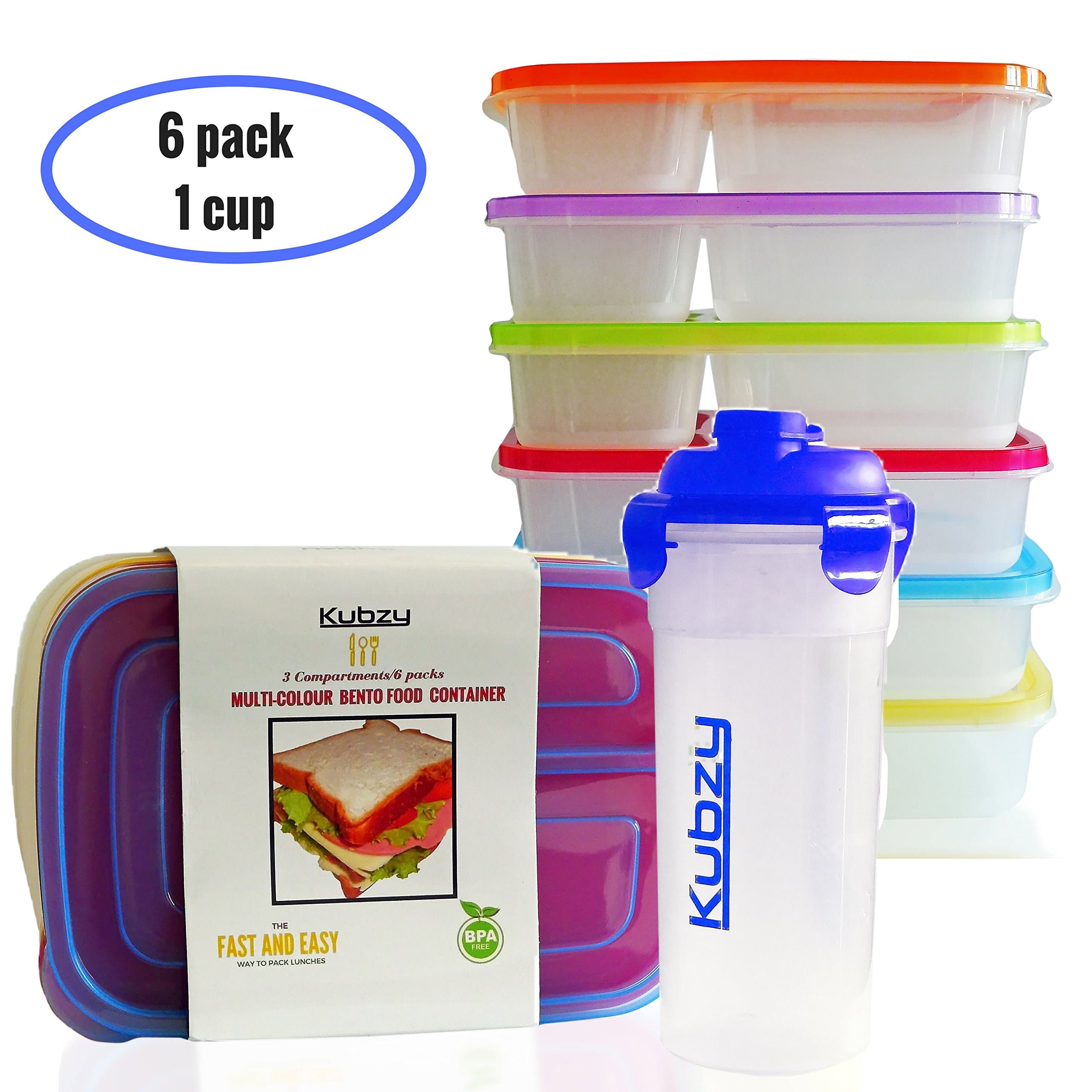 Kubzy 3 Compartment Bento Lunch Box Portion Control Meal Prep Food Storage Containers for Adults, Kids and FREE 500ml Drinking Cup with Lid - Reusable, Durable(Box with Blue Cup)