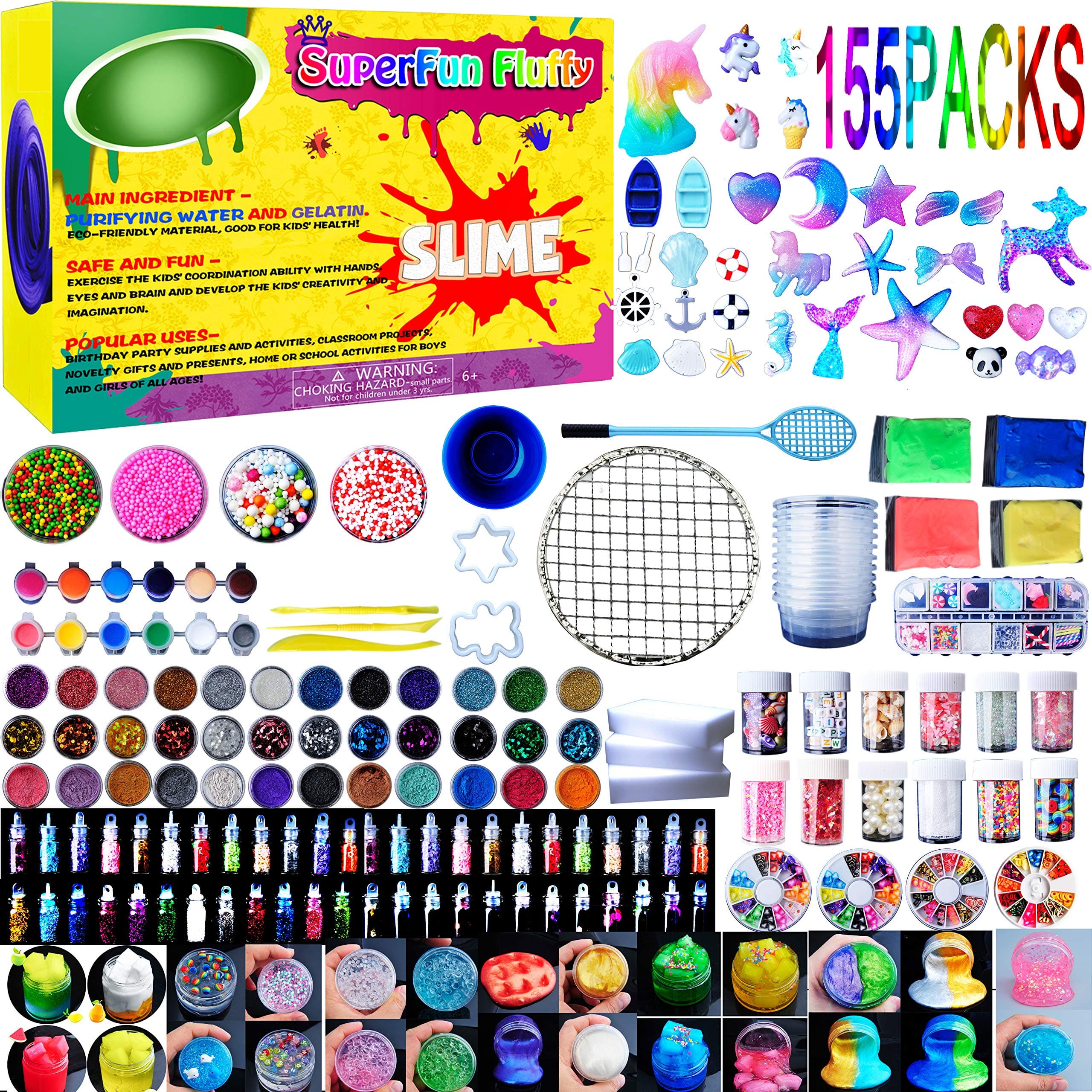 Slime Supplies Kit,155 Pack, Include Jelly Cube, Foam Balls, Glitter Jars, Fruit Flower Animal Slices, Pearls, Slime Tools for DIY Slime Making, Homemade Slime, Girl Slime Party(Contain No Slime)