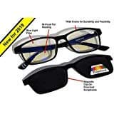 MaxFocal Blue Light Filter Computer/Gaming/Reading Glasses - Magnetic Clip-on Polarized Sunglass - Zero to +3.00 BiFocal Magnification (Black, 2.50 Power)