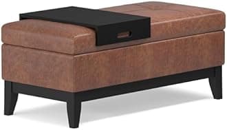 SIMPLIHOME Oregon 42 inch Wide Transitional Rectangle Storage Ottoman Bench with Tray in Distressed Saddle Brown Vegan Faux Leather, Assembled, For the Living Room, Entryway and Family Room