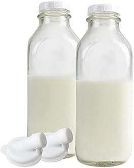 The Dairy Shoppe Heavy Glass Milk Bottles 33.8 Oz Jugs with Extra Lids & New Pour Spout! (2, 33.8 oz)