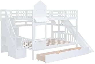 Merax Full-Over-Full Bunk Beds Castle Style Bunk Bed with 2 Drawers 3 Shelves and Slide - White