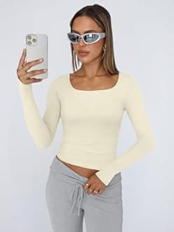 Trendy Queen Womens Long Sleeve Shirts Crop Tops Fall Fashion Solid Square Neck Going Out Basics Tees Y2k Clothes