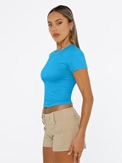 Trendy Queen Womens Short Sleeve T Shirts Summer Crop Tops Basic Slim Fit Gym Workout Y2k Clothes