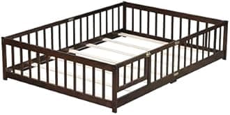 PVWIIK Full Size Floor Bed with Fence and Door,Rubber Wood Floor Bed w/Safety Guardrails/Near The Ground,Easy to Assemble & No Box Spring Needed, Espresso