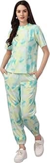 ELLITI Women's Night Suit Set for Women, Lounge Wear, Printed Top and Pyjama Set for Women Nightwear/Loungewear/Night Dress for Women Knitted Tie & Dye Printed Crop T-Shirt -Pyjama