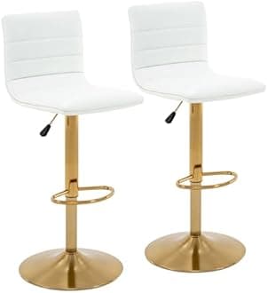 Vogue Furniture Direct PU Leather Bar Stools, Modern Square Adjustable Swivel Barstools with Back, Armless Airlift Counter Height Bar Chairs for Kitchen Dining Set of 2 (Pearl White, Gold Base)