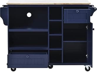 LUMISOL Kitchen Island Cart with Solid Wood Top and Storage Cabinet Mobile Kitchen Cart with Microwave Storage for Dining Room Living Room Dark Blue