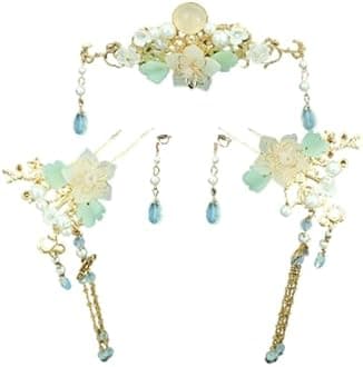 5 Pcs Flower Tassels Hairpin, Chinese Hair Pins Flower Pins for Hair, Chinese Hanfu Hairpin Rhinestone Pearl Clips Headpiece, Retro Hanfu Wedding Brides Updo Long Hair Accessories (Cat's Eye Beads)