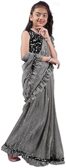 Kids Girls Lycra Blend Saree With Unstitched Sequence Blouse Piece (3-4 yrs to 11-12 yrs) (Grey, 10-11 Years - XL)