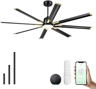 Maxslak 72 Inch Smart Industrial Ceiling Fan with Light and Remote Control,Large Ceiling fan with 8 Aluminium Blades,Black and Gold Outdoor Ceiling Fans for Home or Exterior, CF72BG-LK