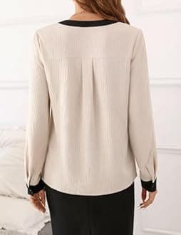 Fayenne Womens Tops Dressy Casual V Neck Color Block Business Casual Blouses Long Sleeve Work Shirts Fall Trendy Clothes