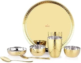 Ebun Heavy Gauge Stainless Steel Dinner Set | Gold PVD Plated Steel Thali Set | Stainless Steel Dinner Set for Kitchen | Thali Set for Dinner | Pack of 1 | 7 Pieces | 2 Side Gold PVD Plated Thali
