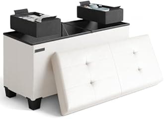 STORAGEBUD Storage Ottoman Bench with Storage Bins, Cream Faux Leather, 30"L x 15"D x 15"H, Max 660lbs, Traditional Style