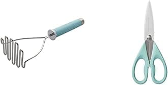 KitchenAid Gourmet Stainless Steel Wire Masher, 10.24-Inch, Aqua Sky and KitchenAid All Purpose Kitchen Shears with Protective Sheath for Everyday use, Dishwasher Safe Stainless Steel Scissors with Comfort Grip, 8.72-Inch, Aqua Sky Bundle