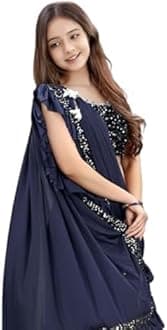 Dhyey fashion Fashionable Baby Girls Lycra Blend Saree with Velvet Unstitched Blouse Piece | Readymade Saree For Girls | Sarees For Girls