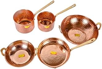 Shiv Shakti Arts® Pure Copper Cookware Set 5 Piece Set (Copper Sauce Pan Set | Copper Kadhai Set | Copper Fry Pan) with Brass Handle for Cooking Purpose