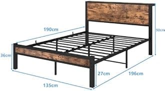 MOFLUT Double Bed Frame with Wooden Storage Headboard with USB Ports and Charging Station, Metal Wooden Bed Frame Double Bed No Box Spring Needed, Enhanced Support Leg, Black+Brown Oak
