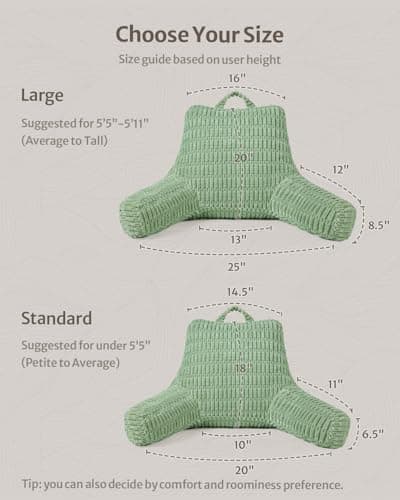 Blissful Diary Reading Pillow, Large Backrest Pillow with Shredded Memory Foam for Adult & Children, Designed for Bed and Couch Sitting Up, Includes Arms, Pockets and Washable Cover, Sage Green