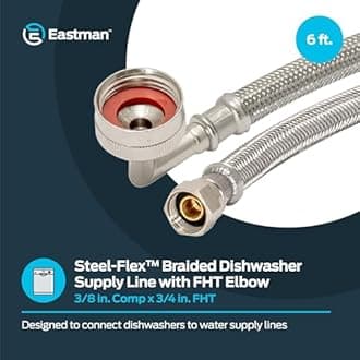 Eastman 6 foot Dishwasher Supply Line, 3/8 Inch Compression x 3/4 Inch FHT Elbow, Braided Stainless Steel Dishwasher Connectors, 41043