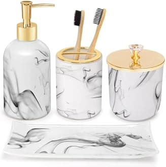 Haturi Marble Complete Bathroom Accessories Set Includes Toothbrush Holder, Soap Dispenser, Soap Dish, 2 Tumblers for Bath Decor (Ink White) - 5 Piece