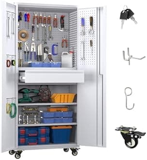 Garage Storage Cabinet with Locking Doors and 2 Adjustable Shelves, 71" H Metal Rolling Tool Storage Cabinet with Wheels, Drawer, Pegboard and 16 Hooks for Garage, Warehouse, White and Gray