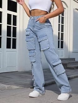 Baczoe Women's Baggy Cargo Jean High Waisted Y2K Distressed Wide Leg Denim Pants with Multi Pockets Streetwear