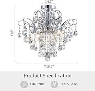 WUZUPS Crystal Chandelier Flushmount Ceiling Light Modern Lighting Fixture for Bedroom Hallway Bar Kitchen Bathroom, H 17.5'' x W 19.3'', E12 Base, Chrome