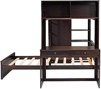 Harper & Bright Designs Twin Over Twin Bunk Bed with Desk, Storage, Solid Wood Bunk Bed with Shelves and Wardrobe, Twin Size Loft Bed with a Stand-Alone Bed for Kids Teens Adults - Espresso