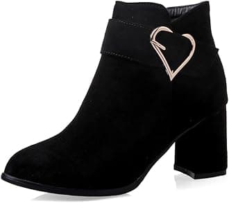 Ladies Ankle Boots - Faux Suede Chunky Block Heeled Ankle Boots for Women | Zip Closure & Buckle Decor