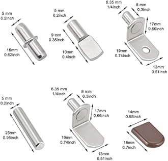 102Pcs Shelf Pins Pegs Kit,6 Styles Nickel Plated Shelf Support Pegs,Bookshelf Pegs for Shelves,L-Shaped Clips with Rubber Sleeve,Shelf Pins Holders for Furniture Glass Corner & Closet(5mm & 1/4inch)