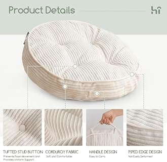 HIGOGOGO Washable Floor Pillow Cushion for Adults, Meditation Cushion Pillow, Large Round Floor Sitting, Removable Tufted Corduroy Cover, for Tatami Living Room or Yoga, 22x22 Inch, Machine Washable