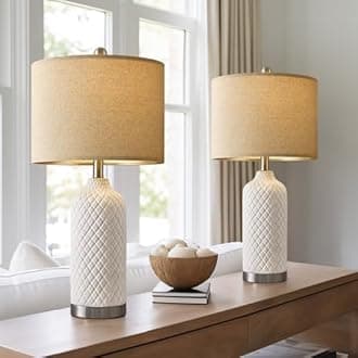 24.25" Modern White Ceramic Table Lamps Set of 2, Boho Farmhouse Bedside Lamps with White Linen Shades, Perfect for Living Room, Bedroom Nightstands, and End Tables