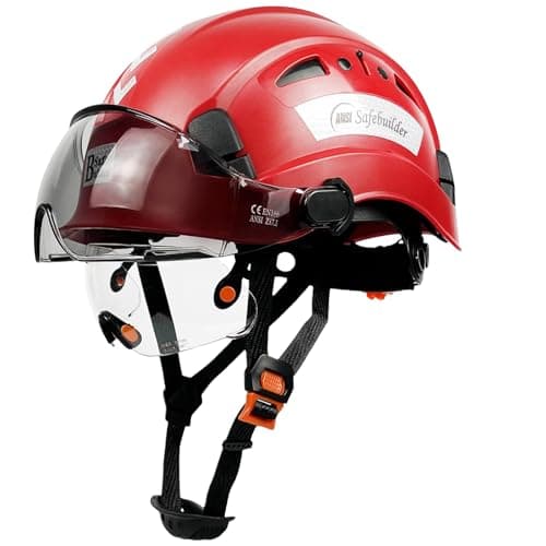 Safety Helmet Hard Hat with Visor Adjustable Lightweight Vented Work Helmet for Men ANSI Z89.1 Approved Industrial & Construction (Red Helmet with Clear & Tinted Visor)