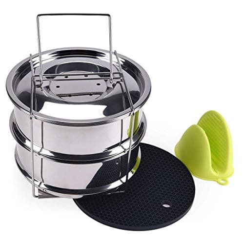 Stackable Steamer Insert Pans for Instant Pot Accessories, Stainless Steel Steamer Pans with Handle & Two Interchangeable Lids for 5/6/8 QT Electric Pressure Cooker