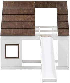 Bellemave Bunk Bed Twin Over Twin, Bunk Bed with Slides and Stairs, House Bunk Bed with roof, Twin bunk Bed for Kids, Teens, Kids bunk beds, White+Brown
