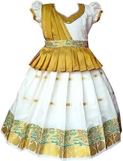 SRI GANAPATHI FASHION Girls Traditional Lehenga Choli with - KERALA HALP SAREE LIGHT GOLD