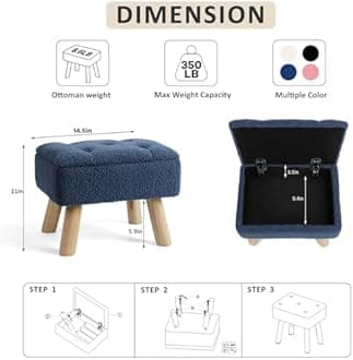 Vanity Stool Chair with Storage，Teddy Velvet Footstool with Wood Legs，Dark Blue