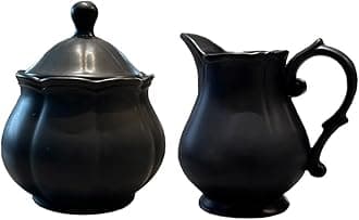 WAIT FLY Vintage Embossed Ceramic Creamer and Sugar Bowl Set, Cream Pitcher, Sugar Bowl with Lid, Coffee Serving Set-Black-Creamer Bowl Set