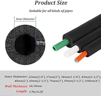 Water Pipe Insulation Tubing 3/4" 1" 1-1/4" 1-1/2" 2" 2-1/2" 3" 3-1/2" 4" Inner Diameter Foam Tube Insulation for 0.79"/1.18" Thick Wall Insulation Lagging Wrap (0.79", ID 1")