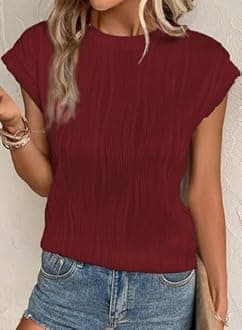 EVALESS Womens Short Sleeve Textured Tops Crewneck Knit Solid Loose Casual Basic T Shirts Tee Blouses