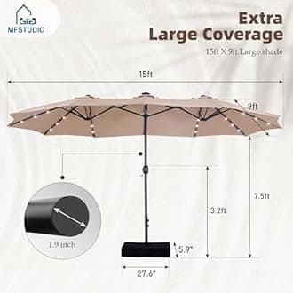 MFSTUDIO Outdoor Patio Table Umbrella with 36 LED Solar Lights, 15 ft Rectangular Double-Sided Market Umbrella with Stand Base & Crank, (Beige)
