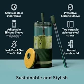 Pandaloo® Glass Cups With Lids and Straws -20 Fl Oz- Perfect Size Iced Coffee Cup - Smoothie Cup With Bamboo Lid and On the go Lid - Glass Tumbler (2 Count (Pack of 1), Coton White-Intense Teal)