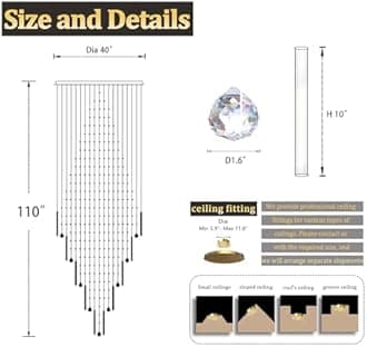 - Flashing God D40 x H110 Gold Raindrop Crystal Chandelier LED Dimmable Contemporary Chandelier Large Pendant Light for Entryway Stairway Foyer