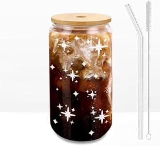 DAMCONME Glass Cup with Lid and Straw 16oz, Aesthetic Iced Coffee Cup, Cute Star Design Preppy Cup, Gift for Girls and Women – 1 Pack with Brush
