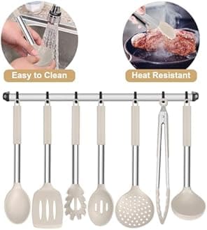 E-far Khaki Silicone Cooking Utensils Set of 7, Kitchen Accessories for Kitchen