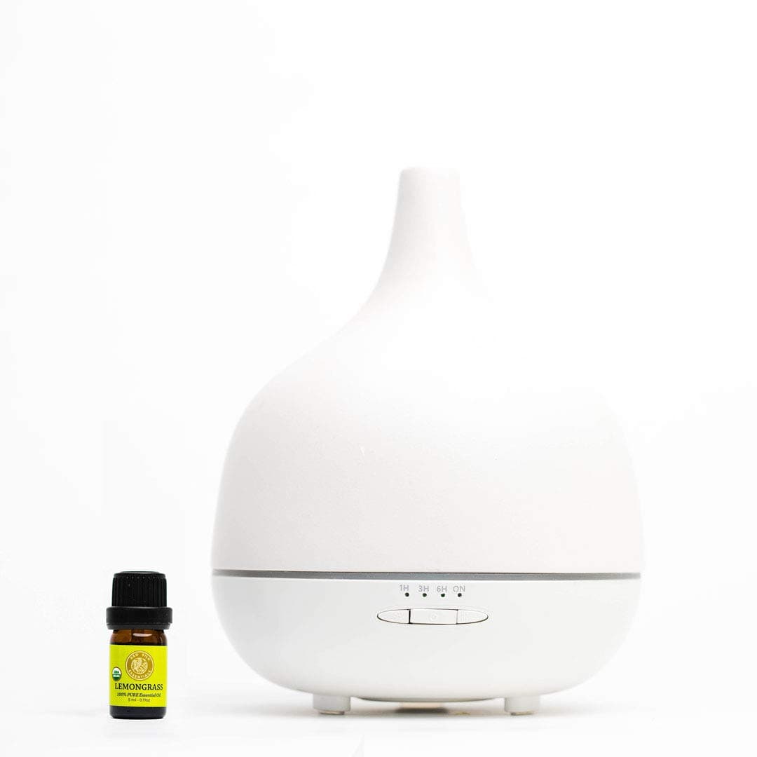 Ceramic Essential Oil Diffuser, 300ml White Handcrafted Stone Ultrasonic Aromatherapy Diffuser – Optional White Light | Includes Organic Lemongrass Essential Oil
