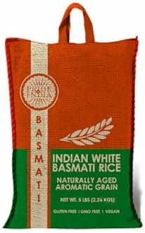 Pride Of India - Extra Long Indian Premium White Basmati Rice, 5 Pound (2.26 Kilo) RECOLSABLE JUTE (BURLAP) - Naturally Aromatic, Aged, Flavorful, Slender, Non Sticky Grains